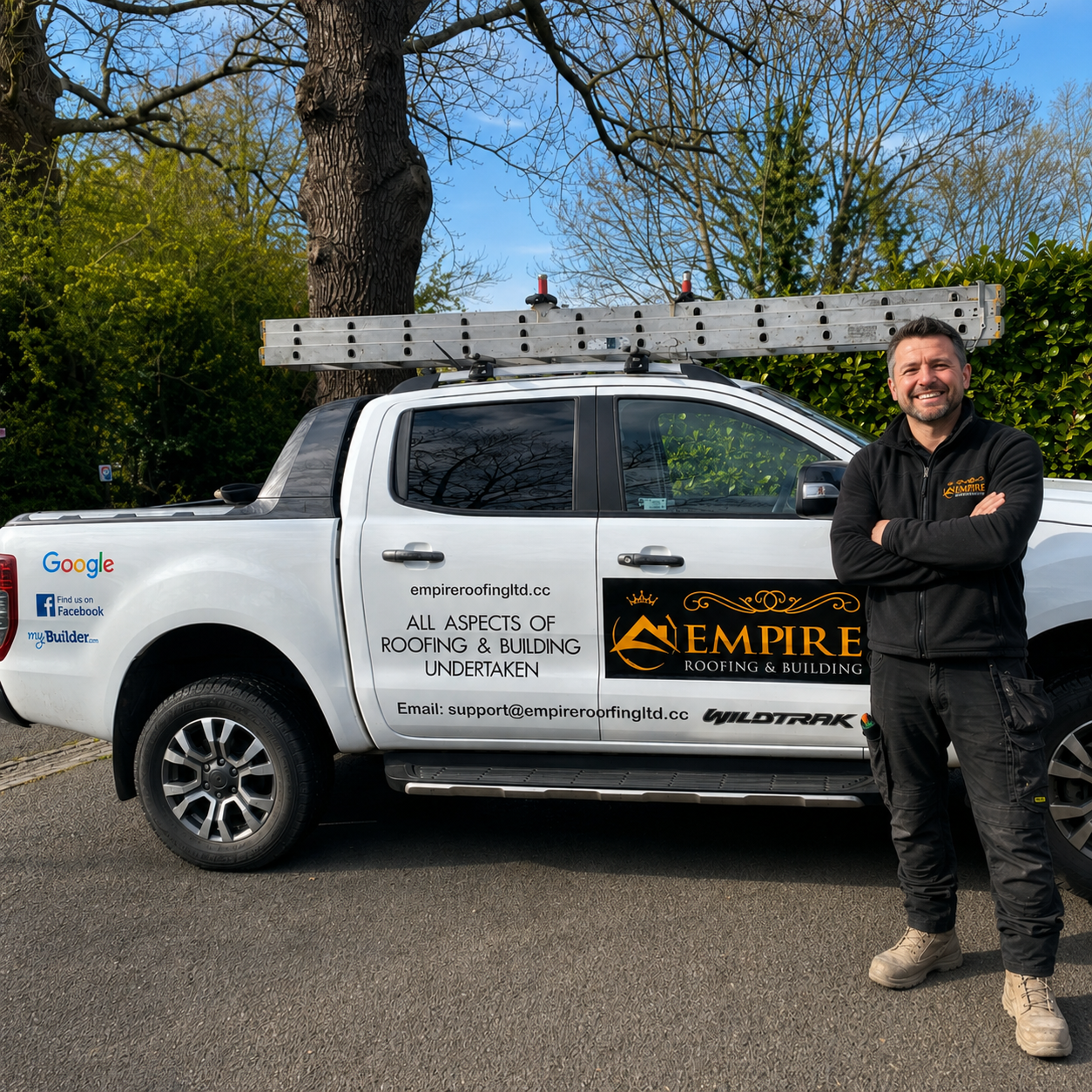 Ely, owner of Empire Roofing Ltd, with the company van